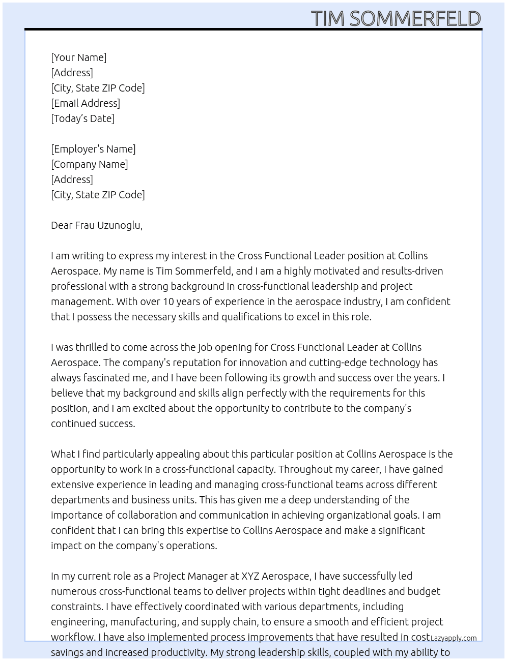 Cross Functional Leader At Collins Aerospace Cover Letter