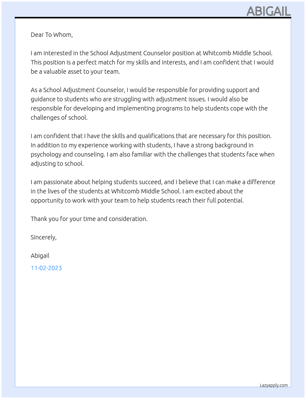 School Adjustment Counselor At Whitcomb Middle School Cover Letter