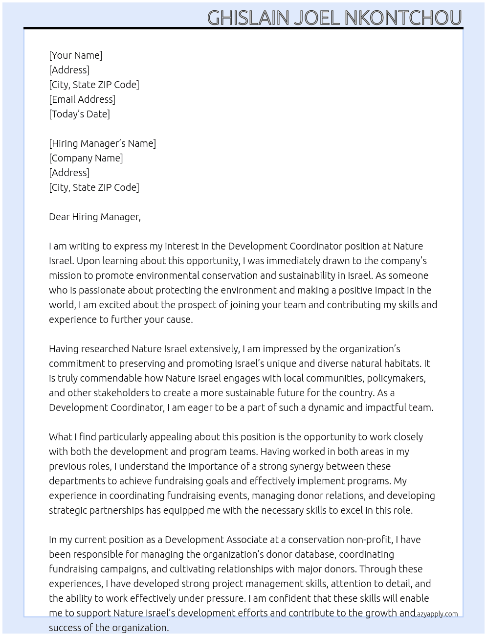 Development Coordinator At Nature Israel Cover Letter