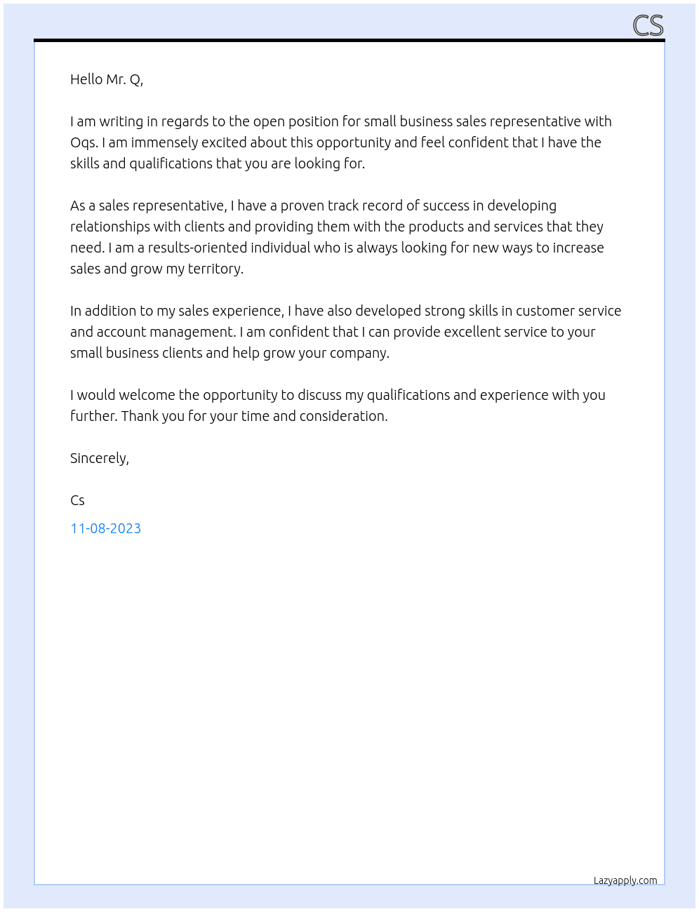 Small business sales representative  At Oqs Cover Letter