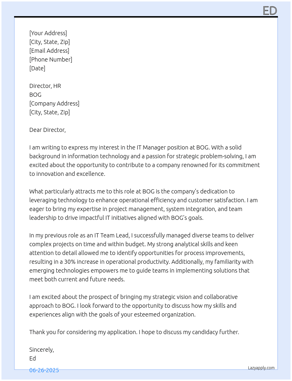 IT Manager At BOG Cover Letter