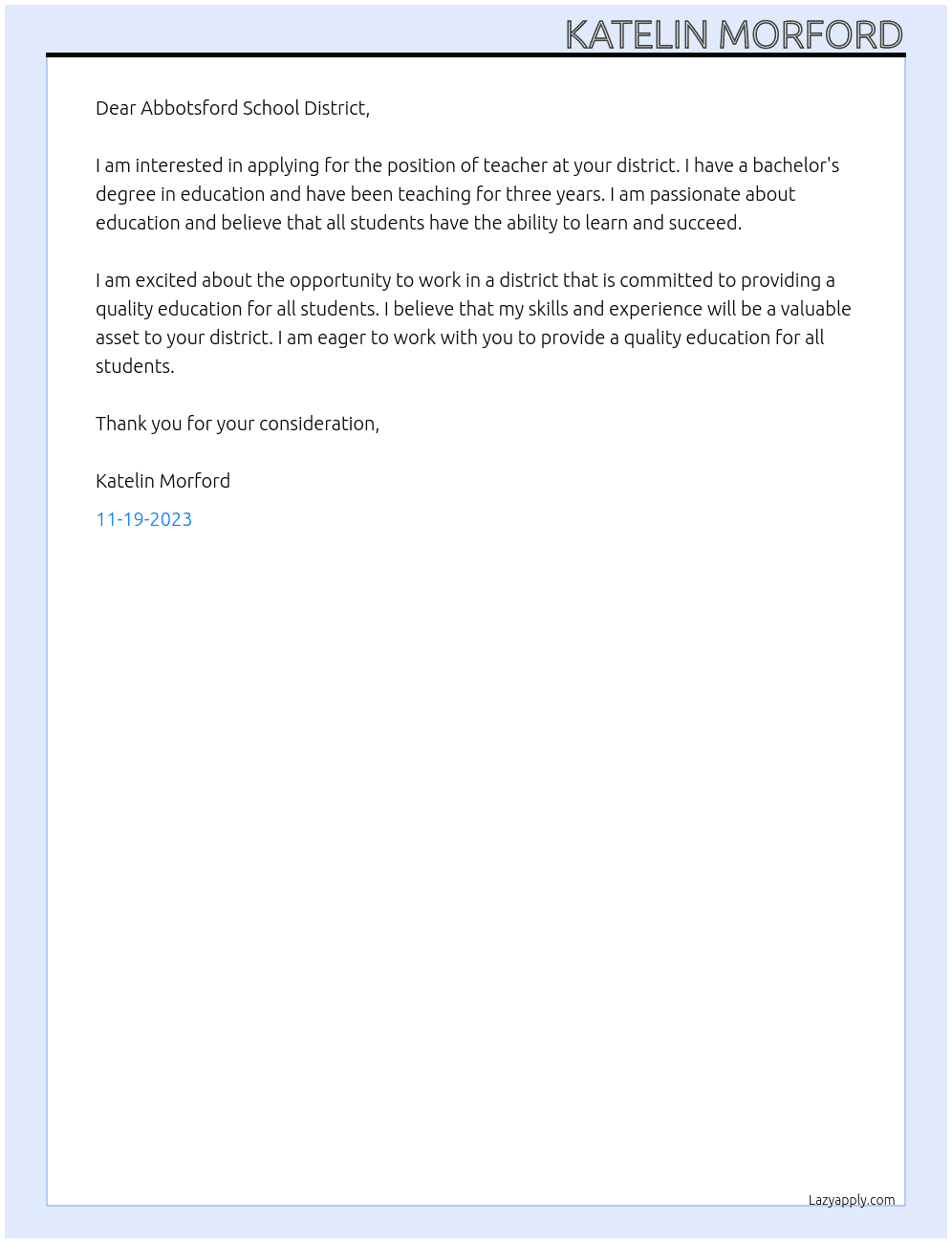 Teacher At Abbotsford School District Cover Letter