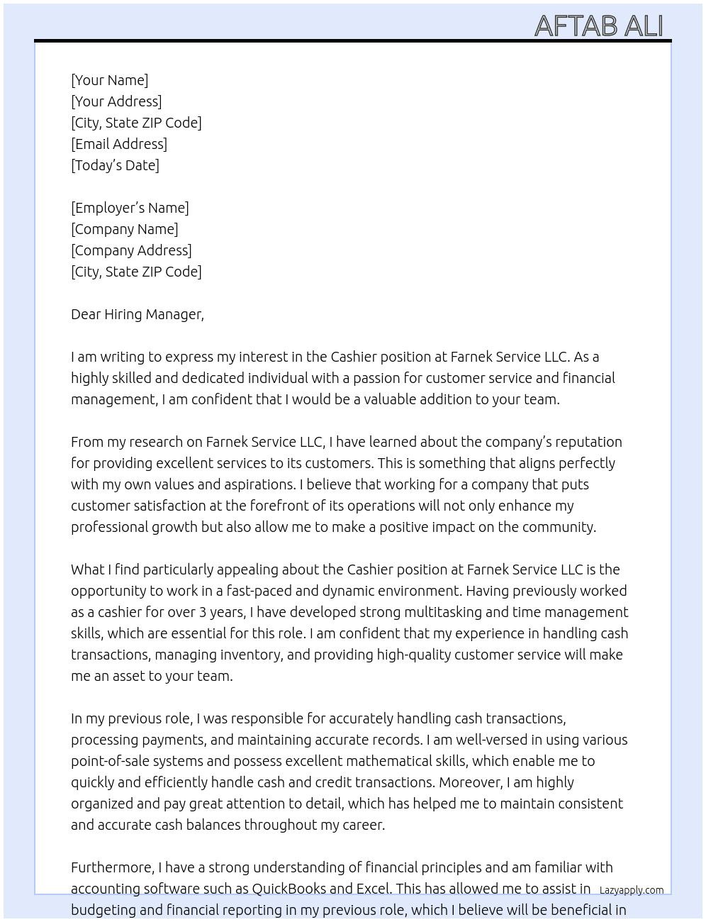 Cashier  At Farnek service LLC  Cover Letter