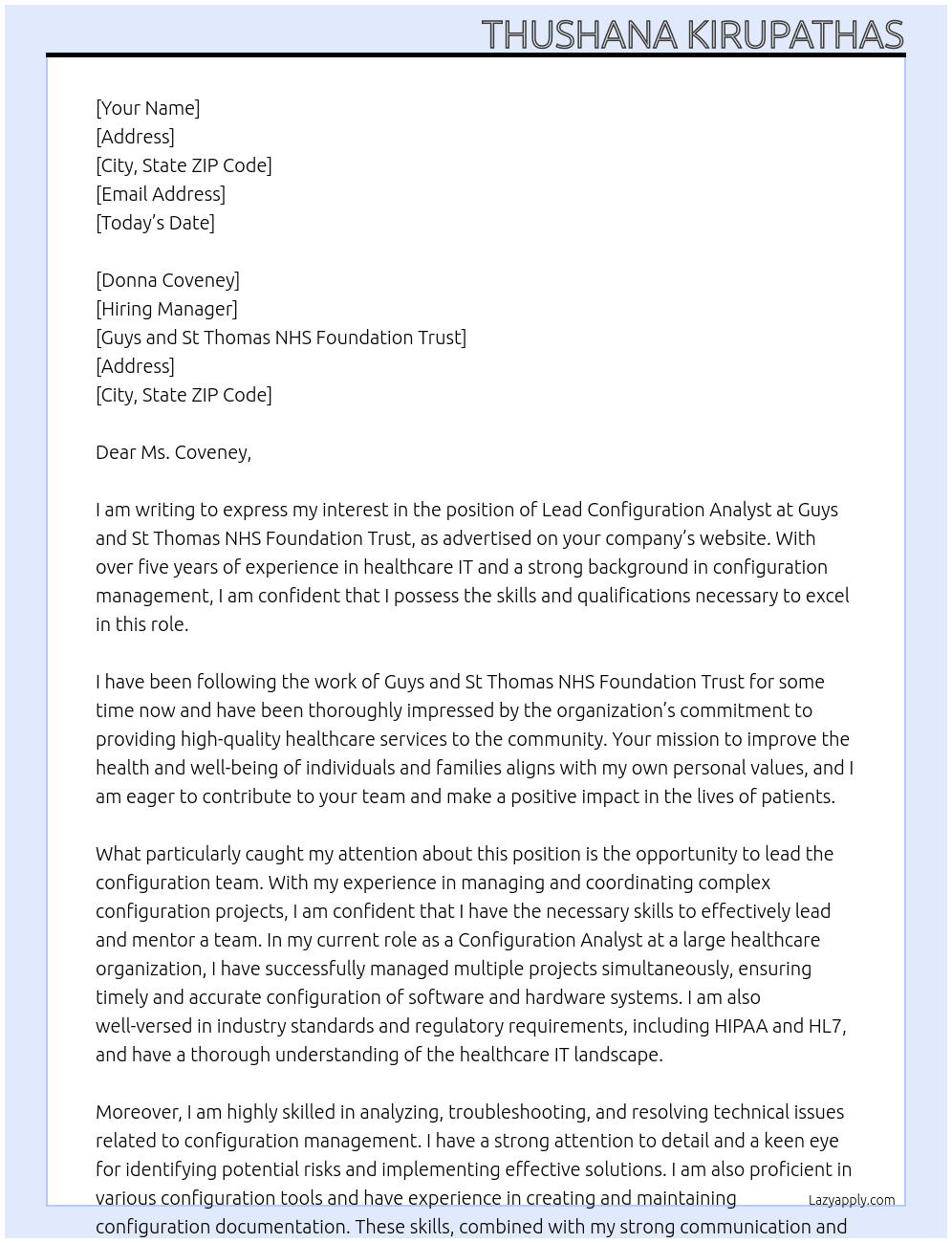 Lead Configuration Analyst At Guys and St Thomas NHS Foundation Trust Cover Letter