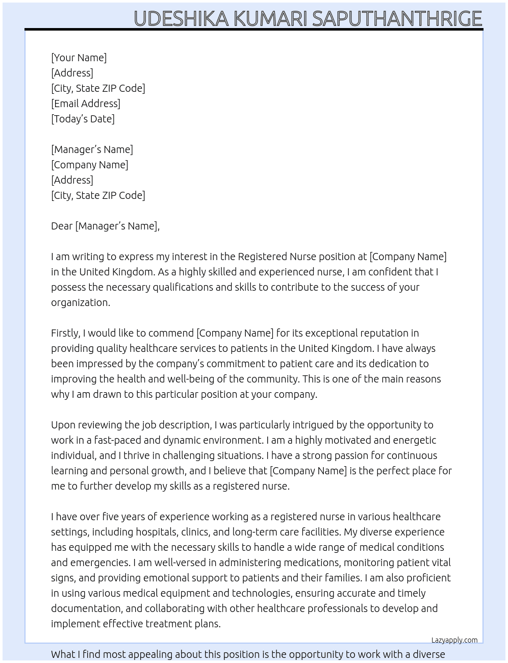 Registerd Nures At United Kingdom Cover Letter
