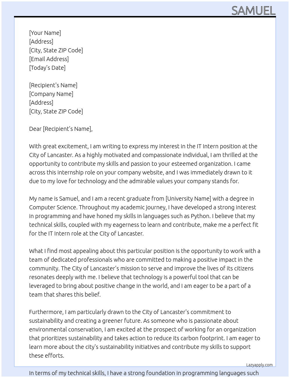 It intern  At City of lancaster Cover Letter