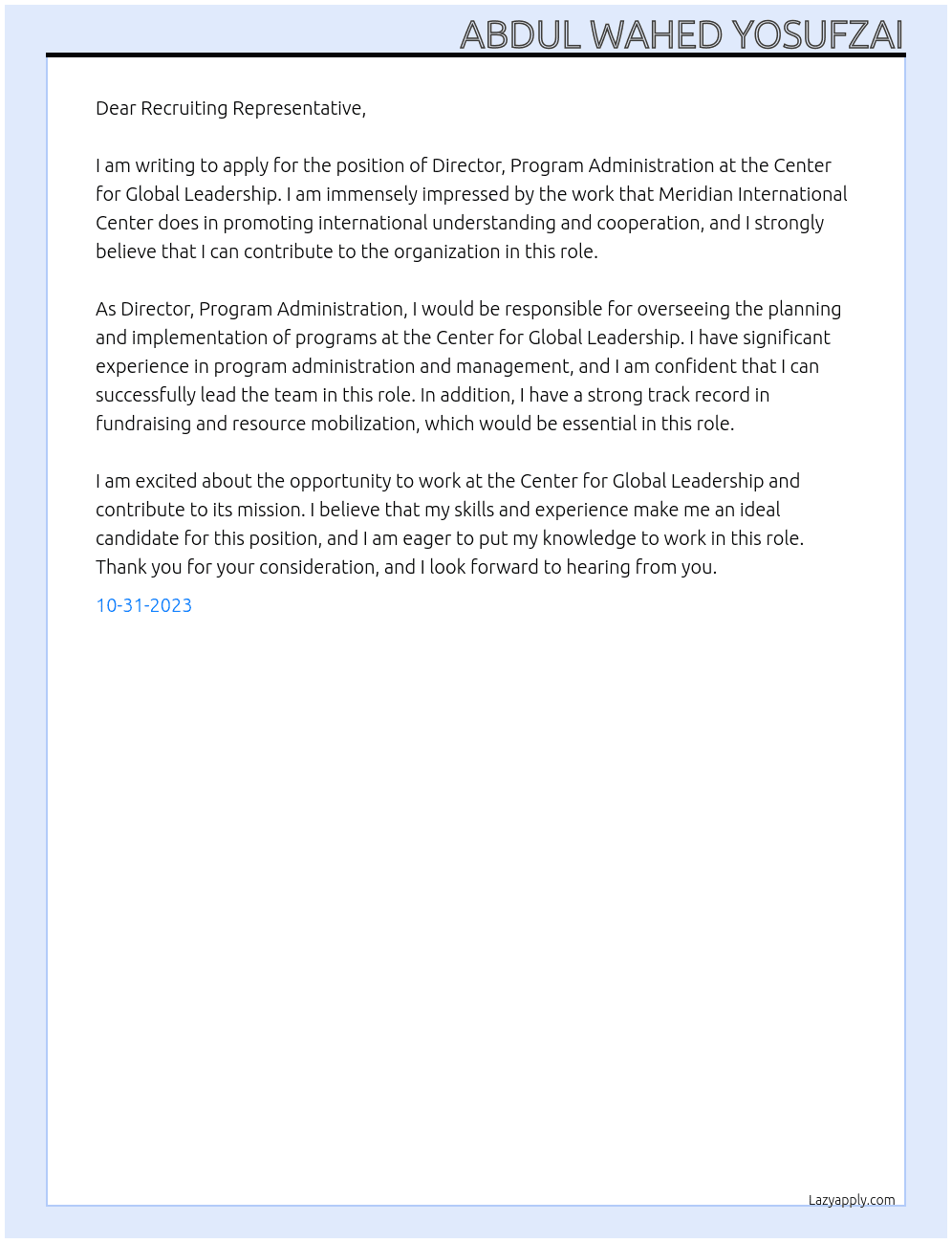 Director, Program Administration, Center for Global Leadership At Meridian International Center Cover Letter