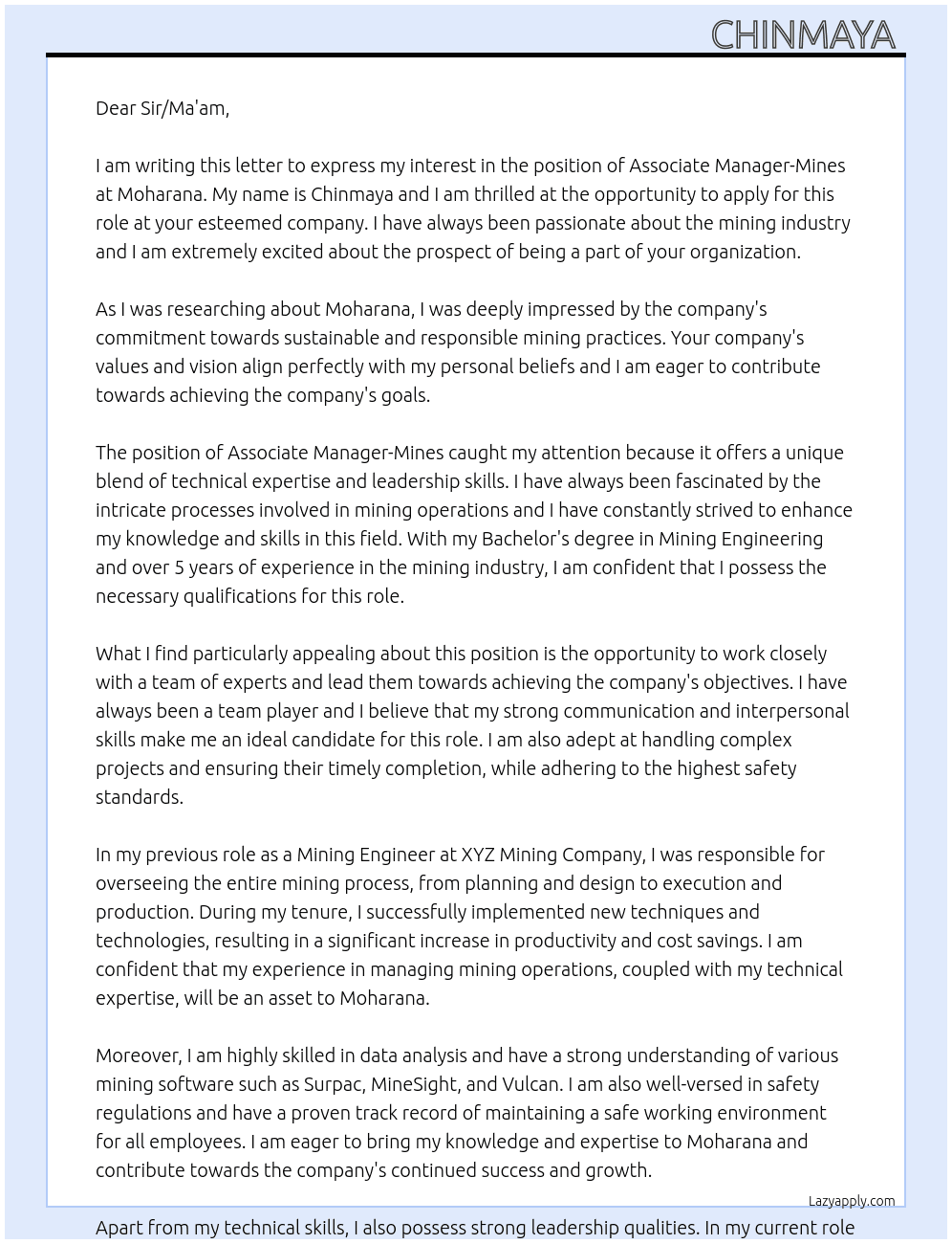 Associate Manager-Mines At Moharana Cover Letter