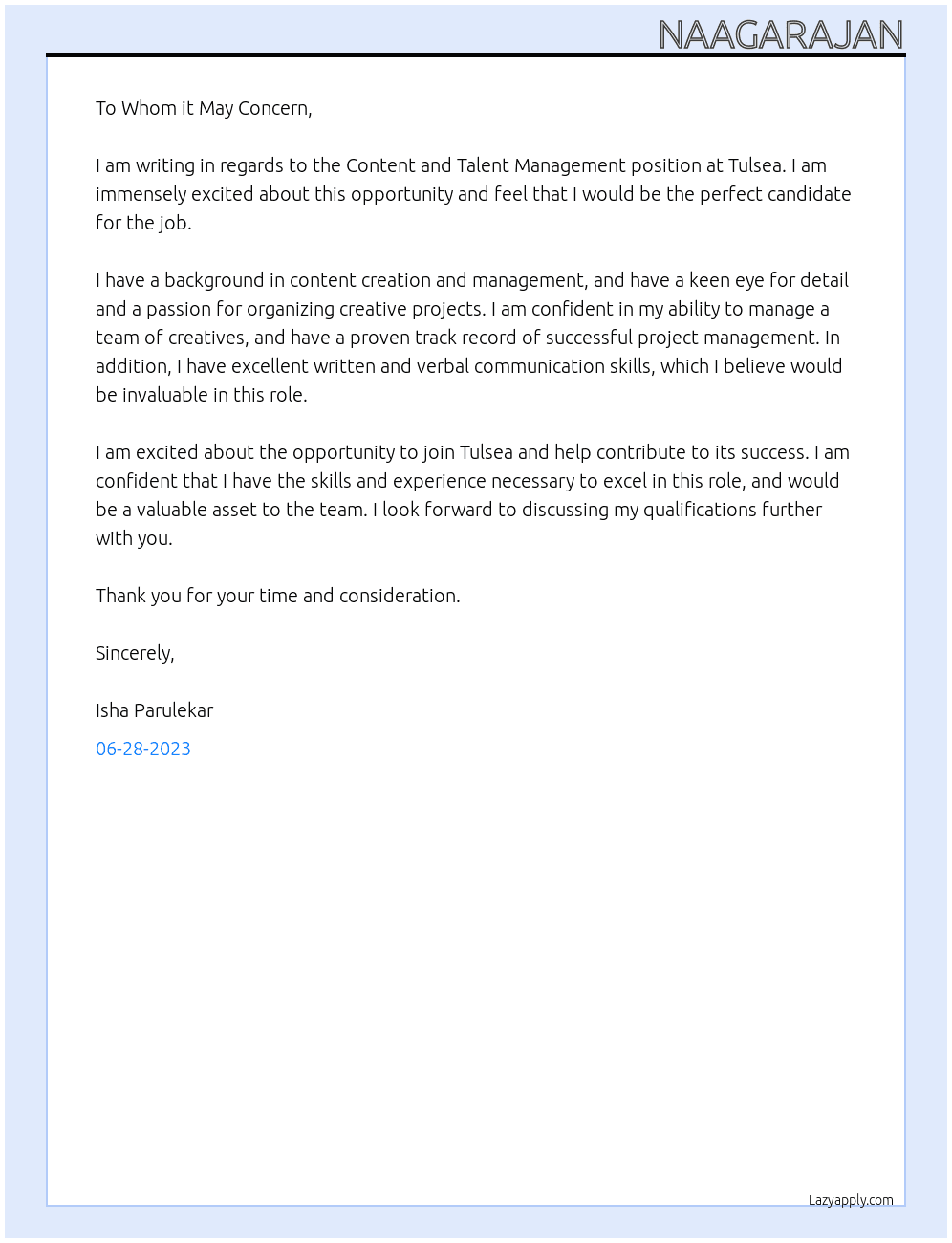 Content and Talent Management  At Tulsea Cover Letter