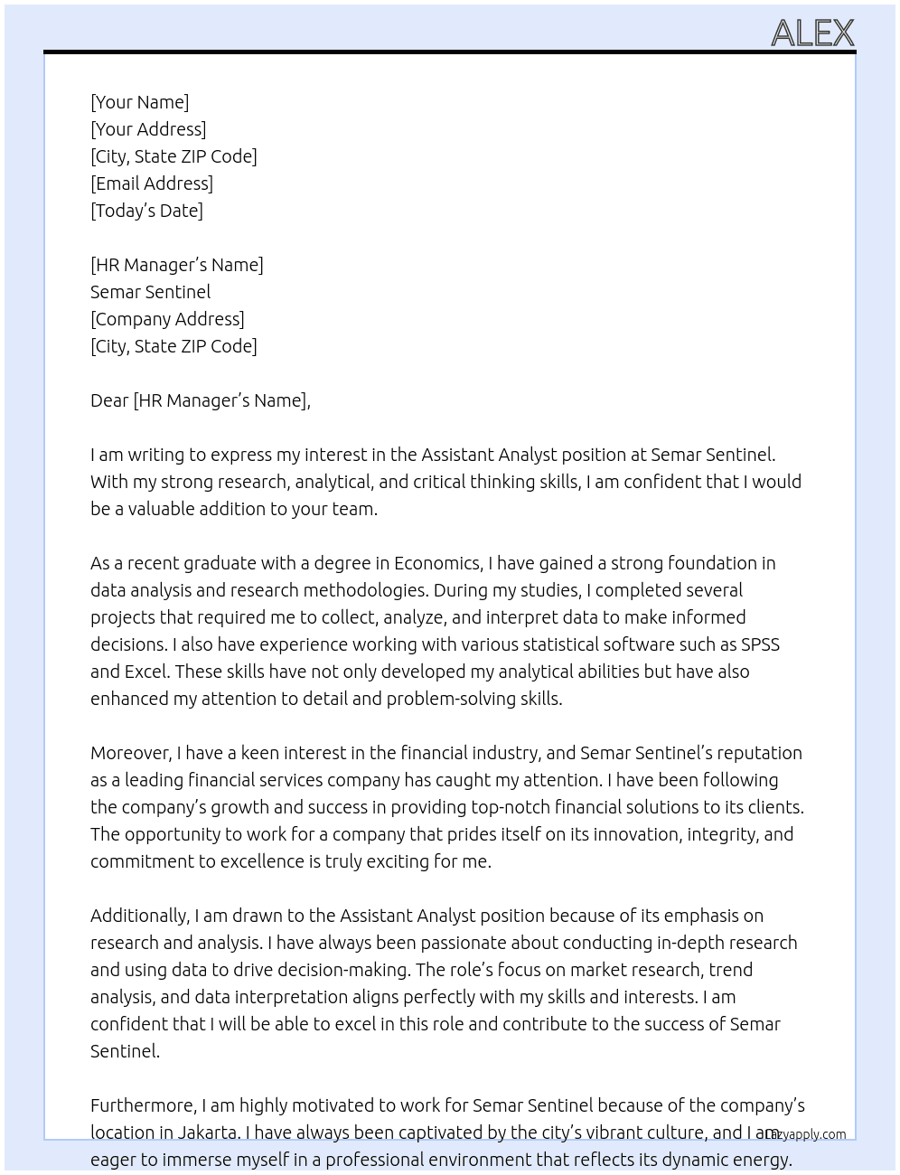 assistent analyst At semar sentinel Cover Letter