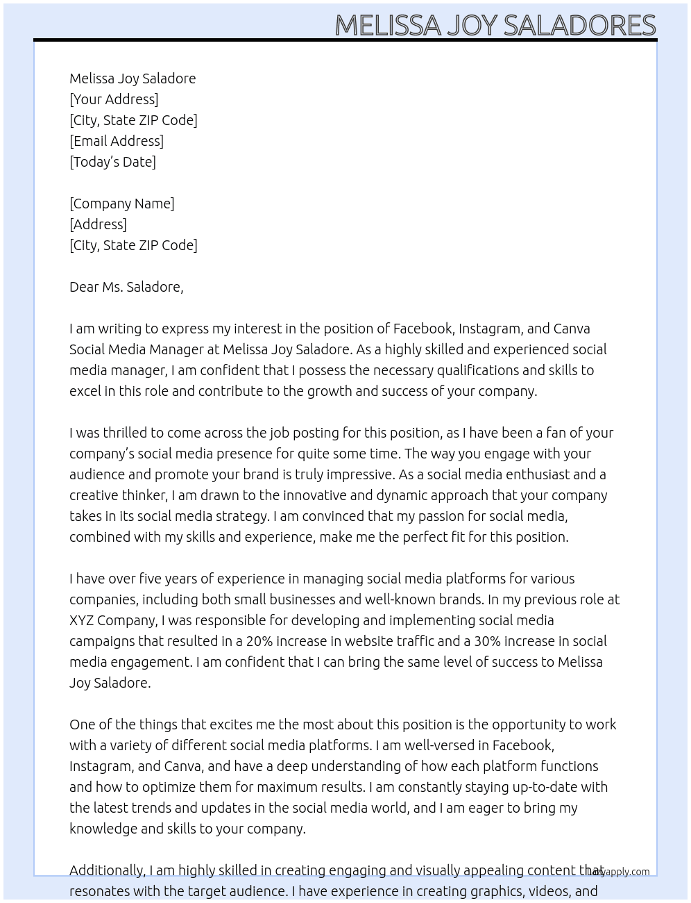 facebook, instagram, and canva social media manager At MELISSA JOY SALADORES Cover Letter