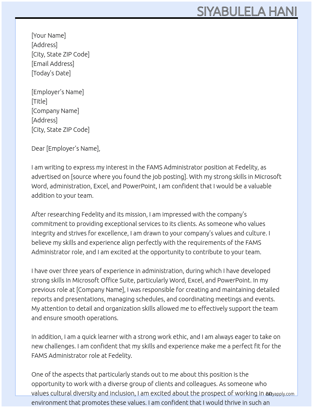 FAMS Administrator At Fedelity Cover Letter