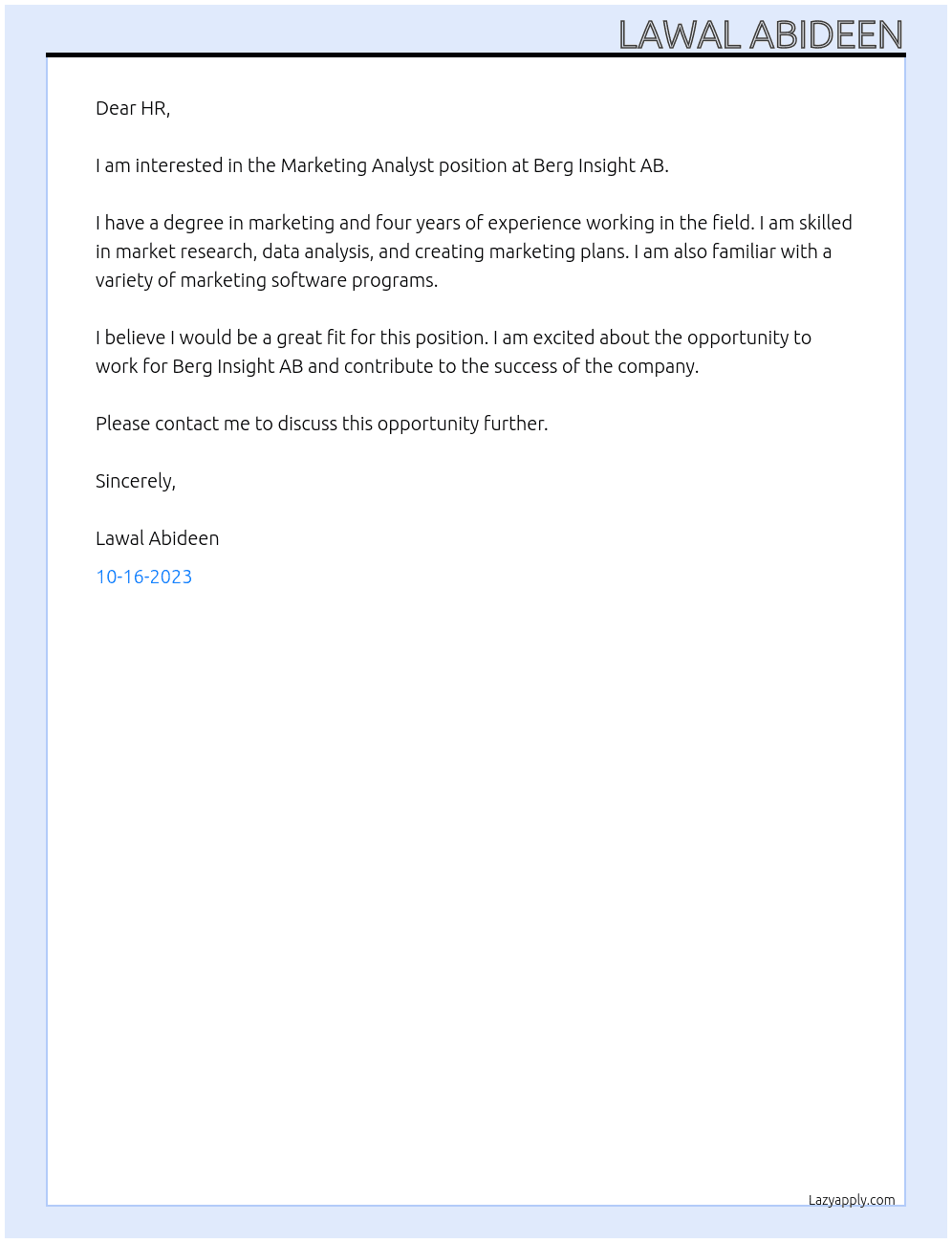 MARKETING ANALYST At Berg Insight AB Cover Letter