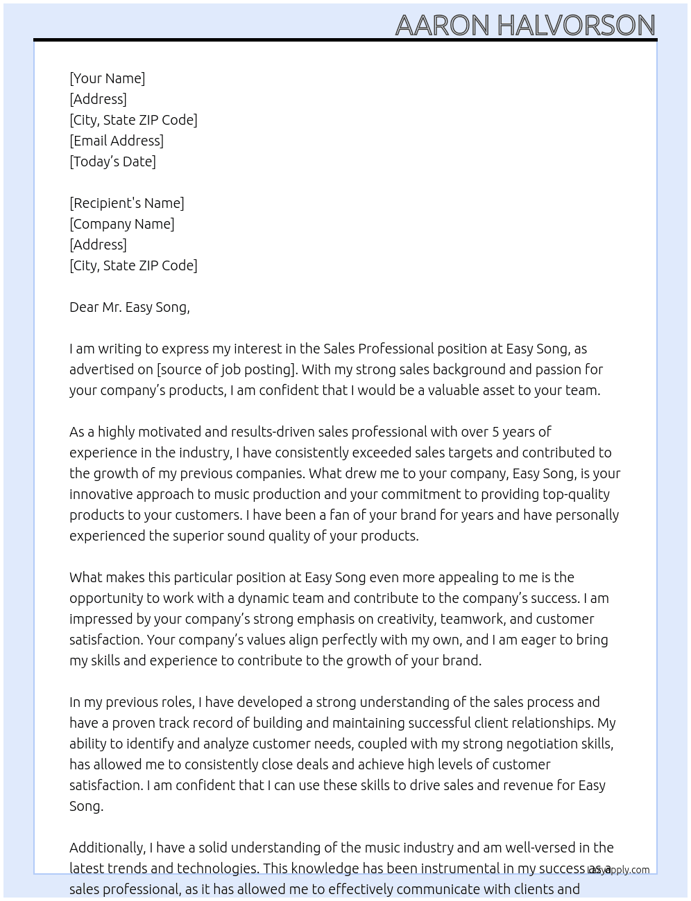Sales Professional At Easy  Song Cover Letter