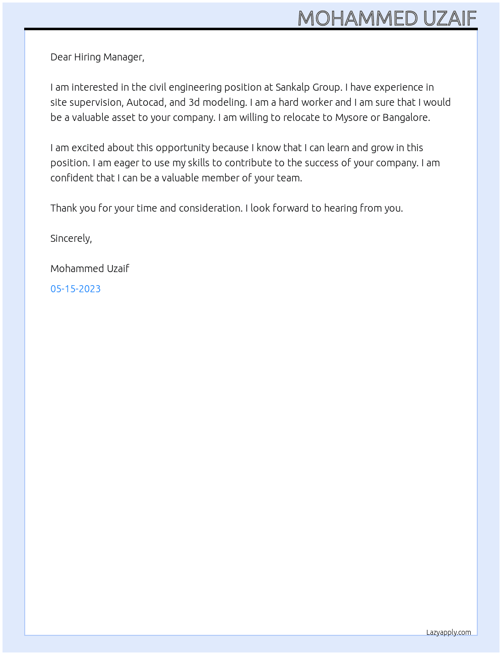 civil engineer At sankalp group Cover Letter