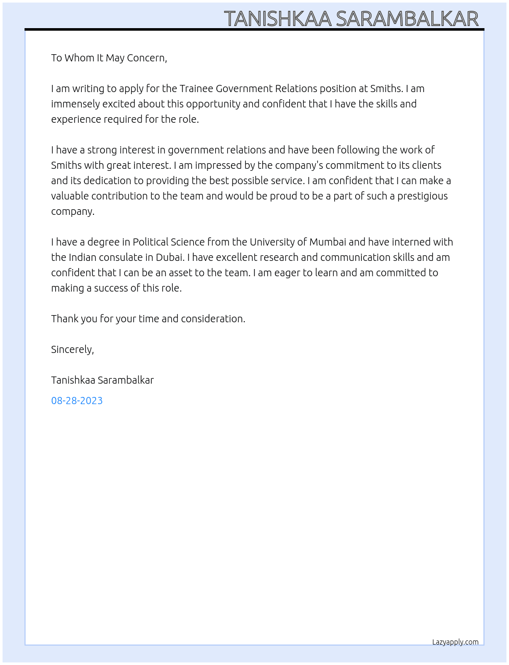 Trainee Government Relations  At Smiths Cover Letter