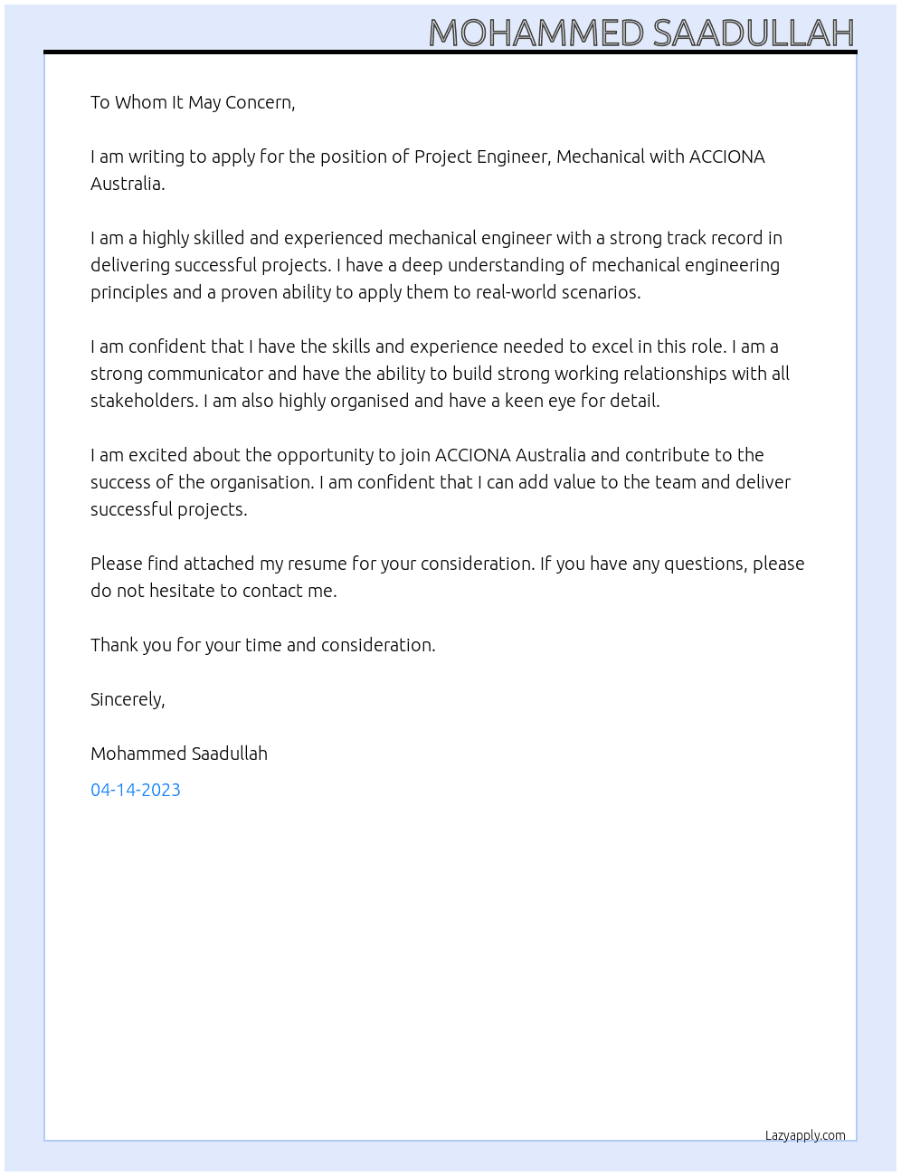 Project Engineer, Mechanical At ACCIONA Australia Cover Letter