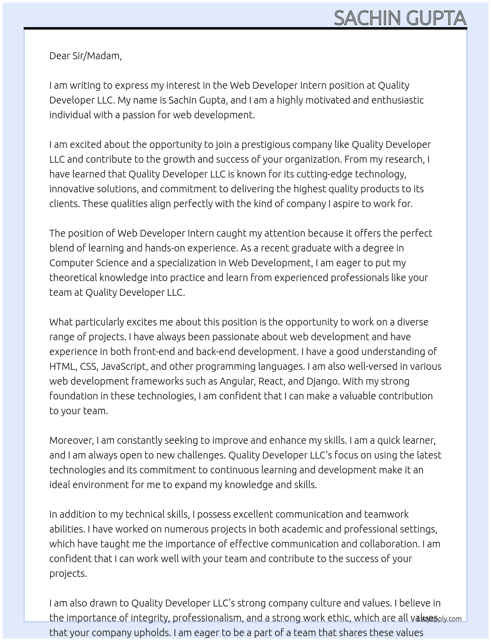 Web Developer Intern At Quality Developer LLC Cover Letter