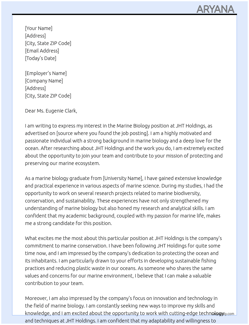 Marine Biology At JHT Holdings Cover Letter