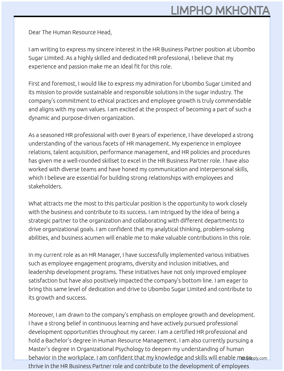 HR Business Partner At Ubombo Sugar Limited Cover Letter