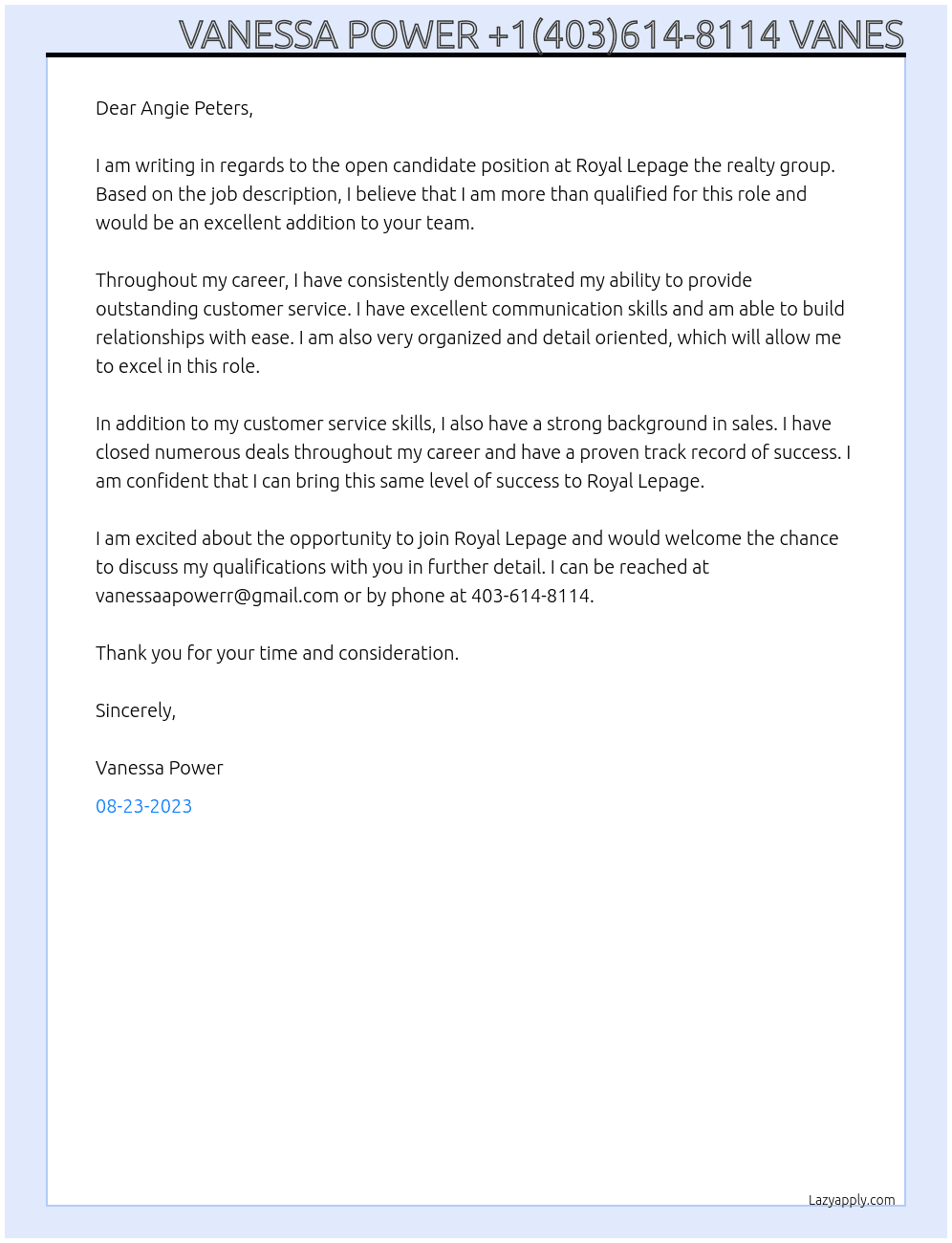 Candidate  At Royal Lepage the realty group  Cover Letter