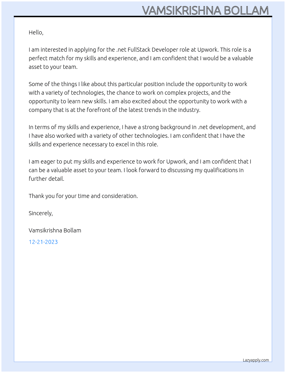 .net FullStack Developer  At Upwork Cover Letter