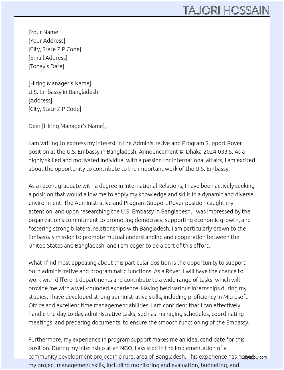 Announcement #: Dhaka-2024-033 S Administrative and Program Support Rover At U.S. EMBASSY IN BANGLADESH Cover Letter
