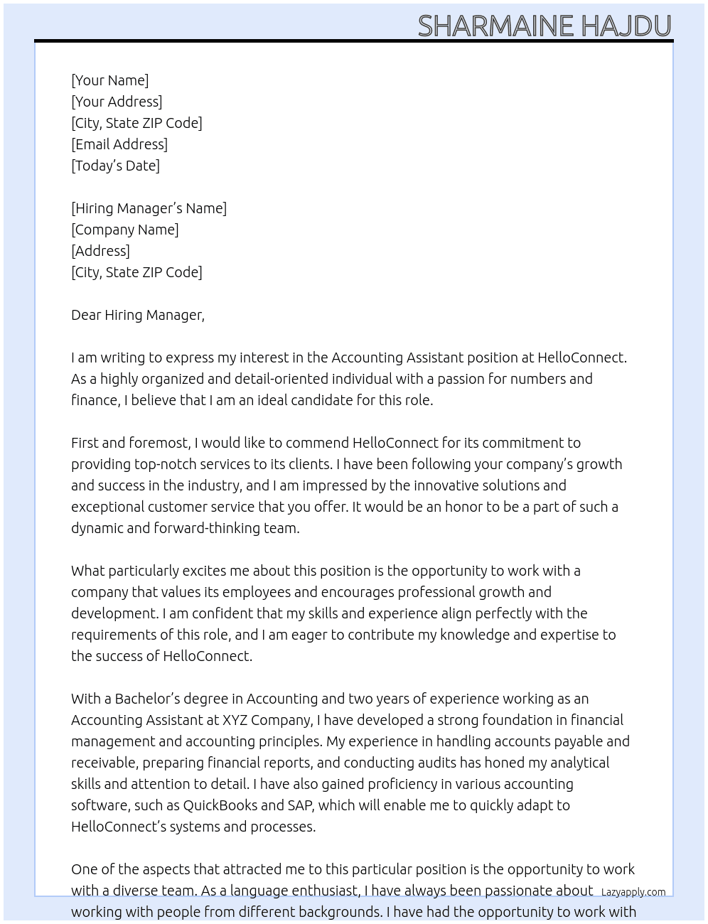 Accounting assistant At HelloConnect Cover Letter
