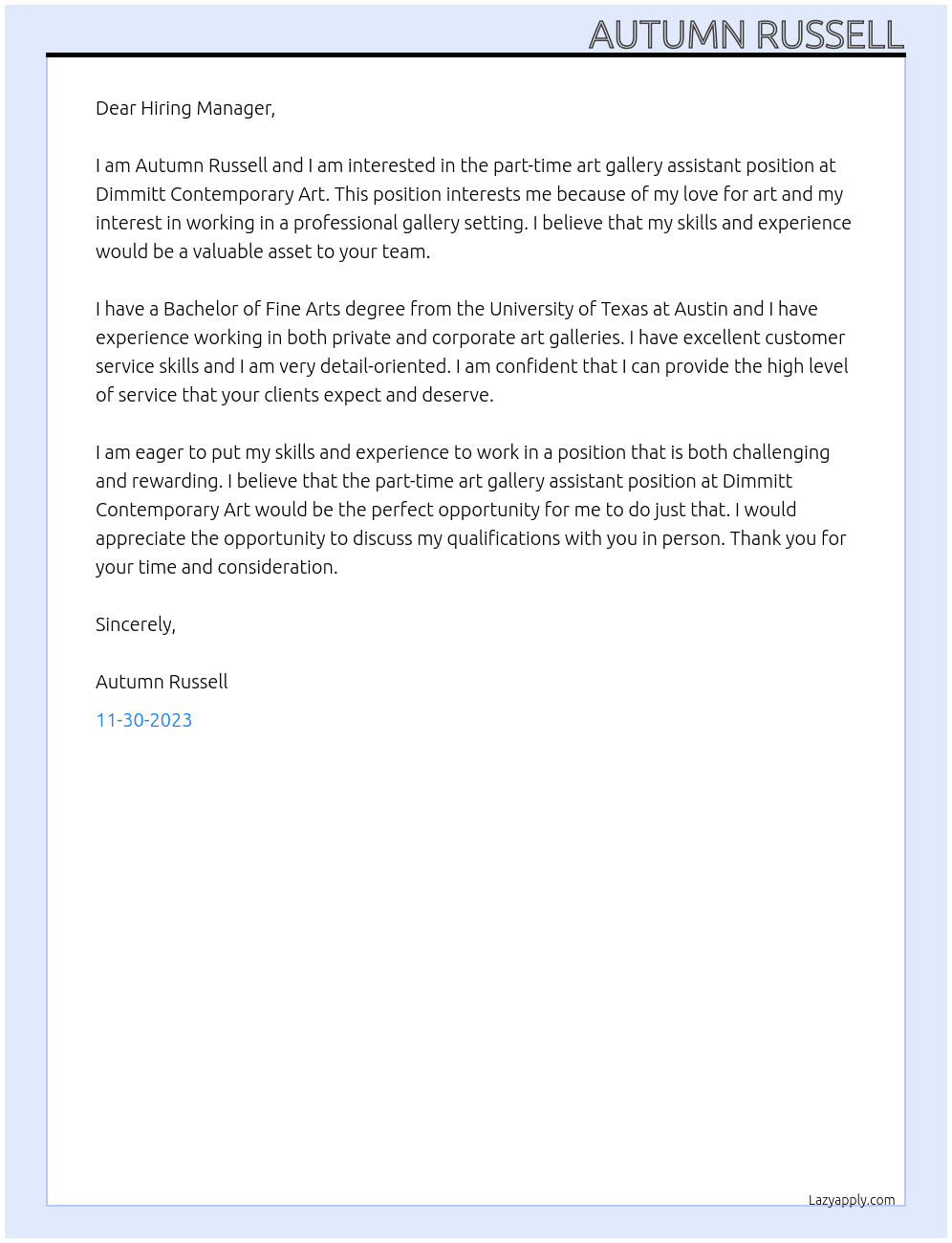 Part Time Art Gallery Assistant At Dimmitt Contemporary Art Cover Letter