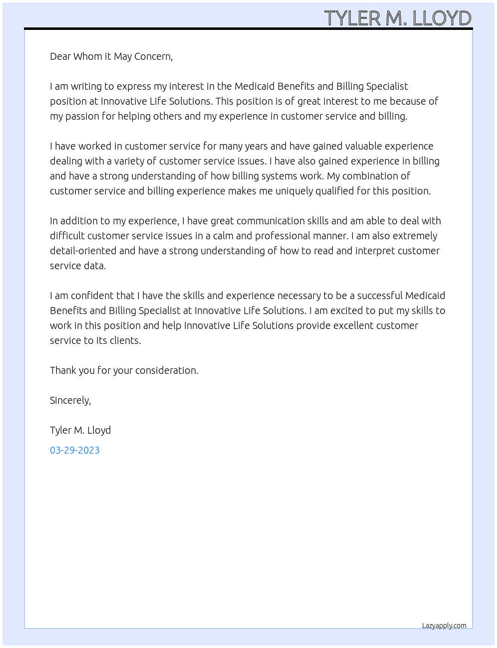 Medicaid Benefits and Billing Specialist At Innovative Life Solutions Cover Letter