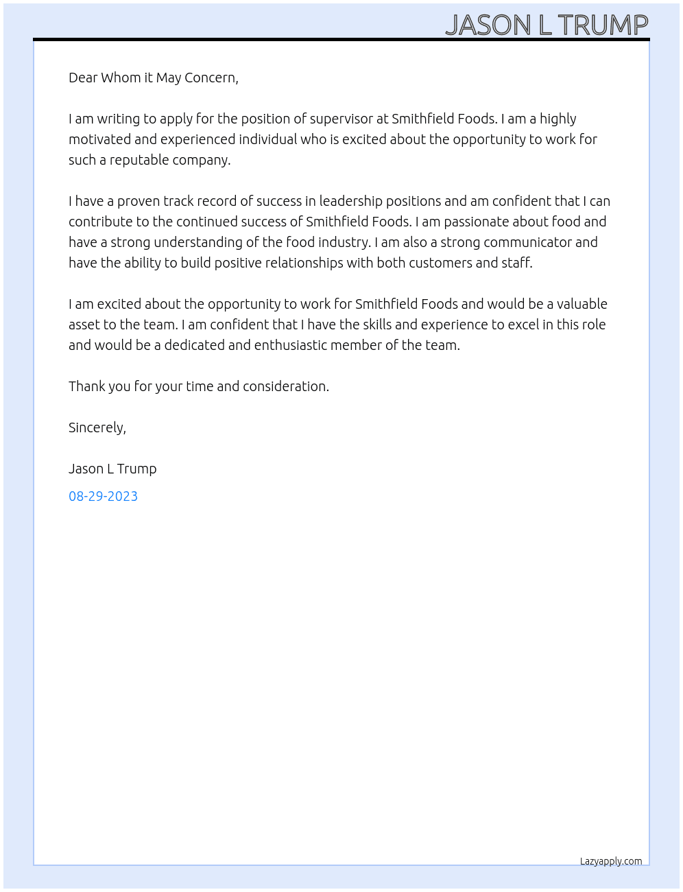 Supervisor  At Smithfield Foods Cover Letter