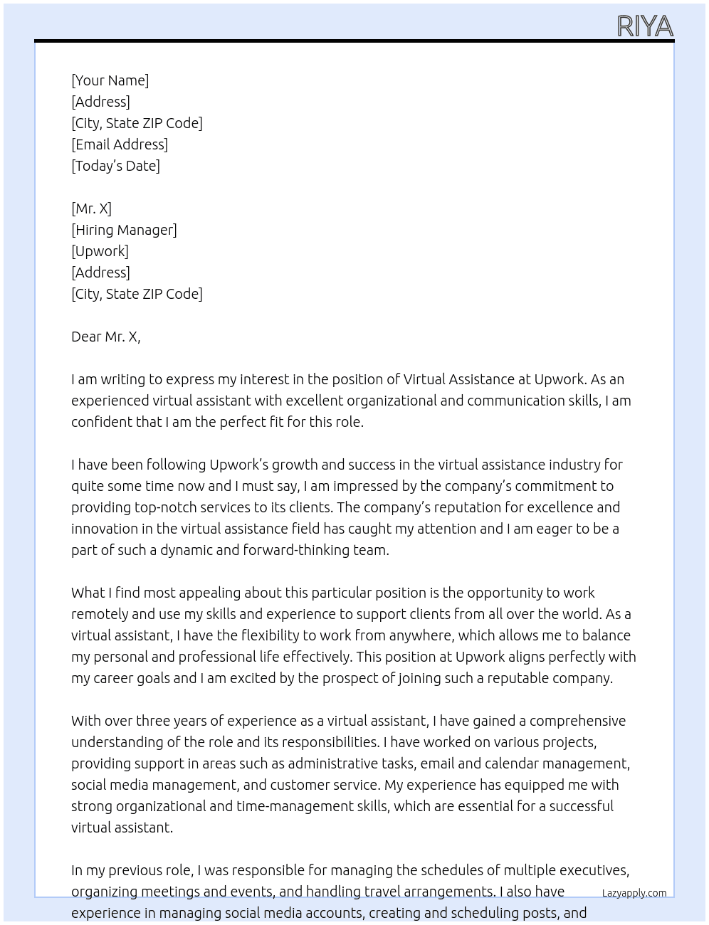 VIRTUAL ASSISTANCE At UPWORK Cover Letter