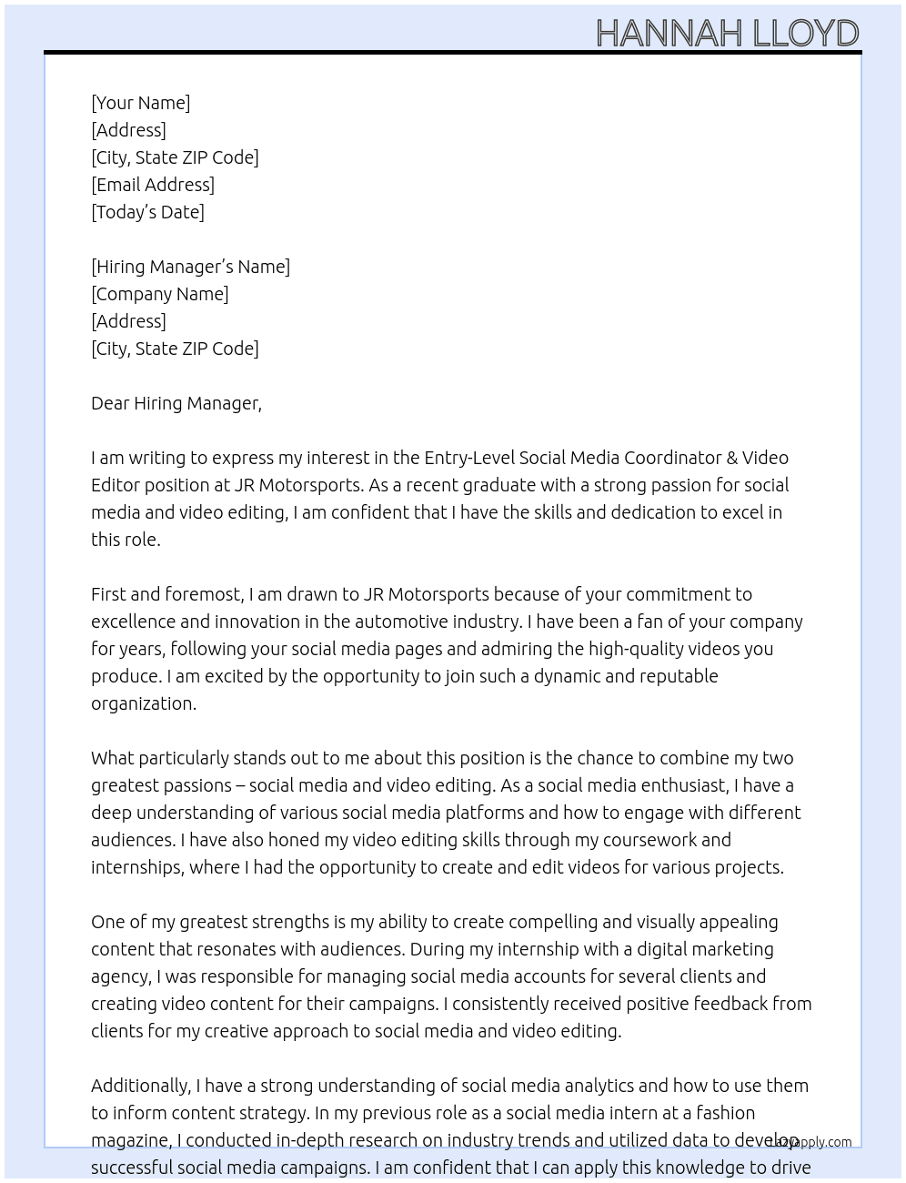 Entry-Level Social Media Coordinator & Video Editor At JR Motorsports Cover Letter