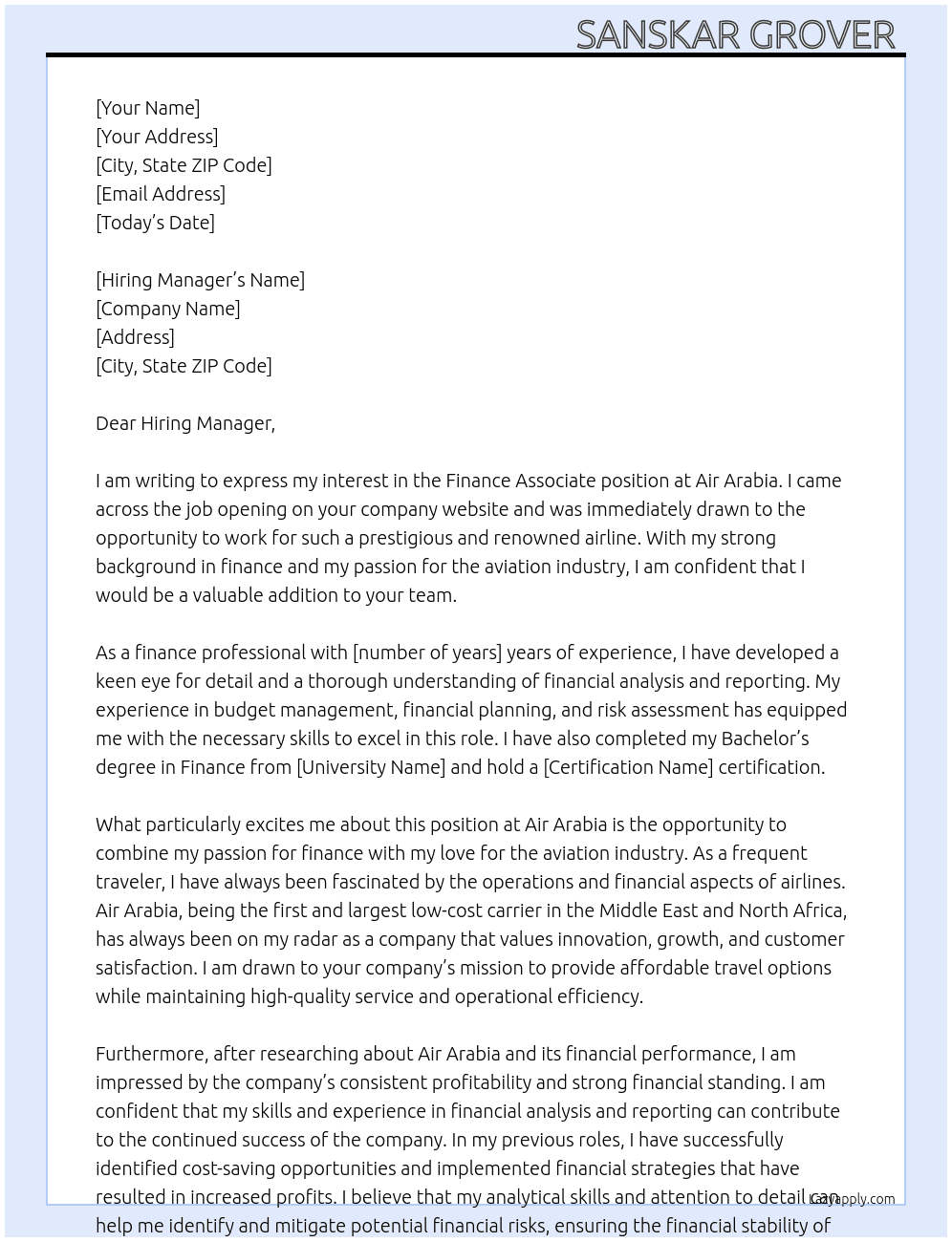 Finance associate At Air Arabia Cover Letter