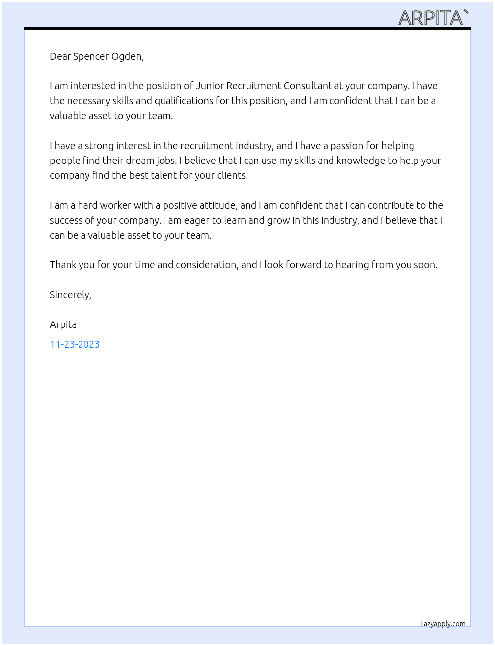 Junior Recruitment Consultant At spencer ogden Cover Letter