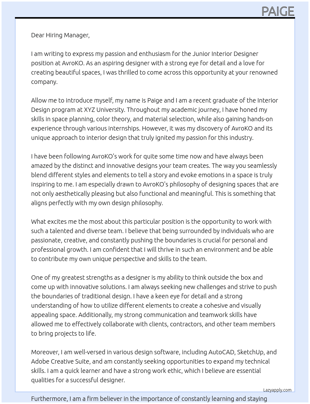 Junior Interior Designer At AvroKO Cover Letter