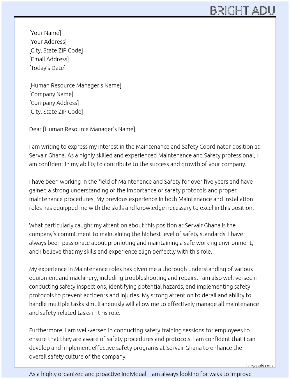 Maintenance and Safety Coordinator  At Servair Ghana  Cover Letter