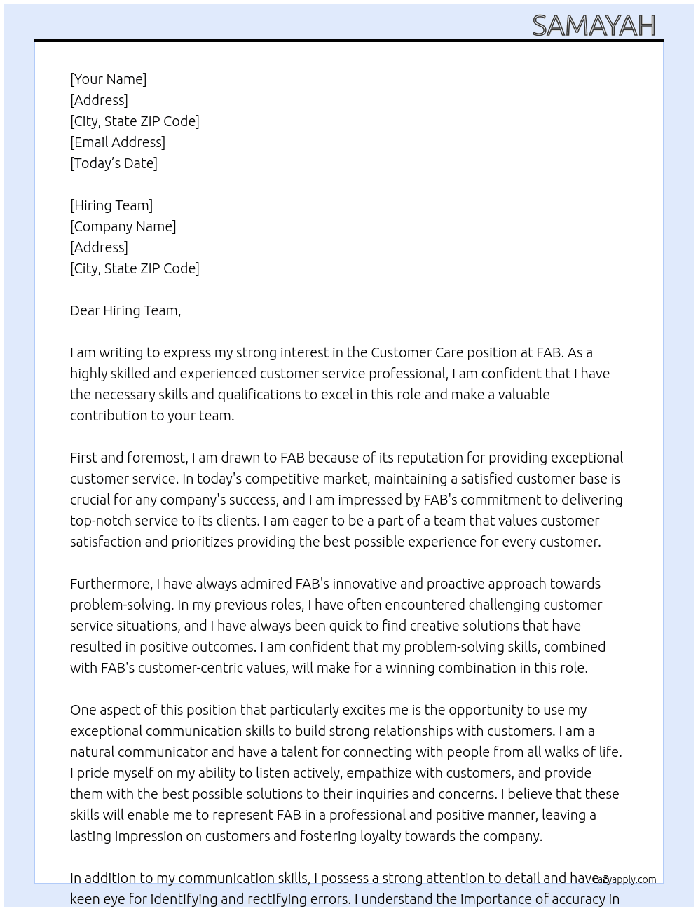 Customer care At FAB Cover Letter