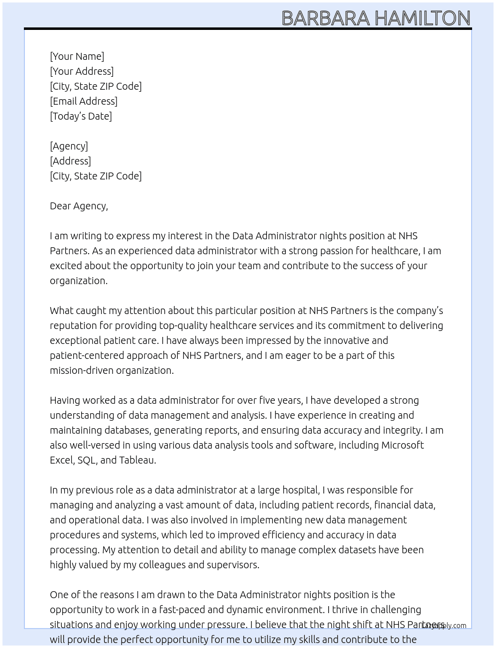 Data Administrator nights  At NHS Partners  Cover Letter