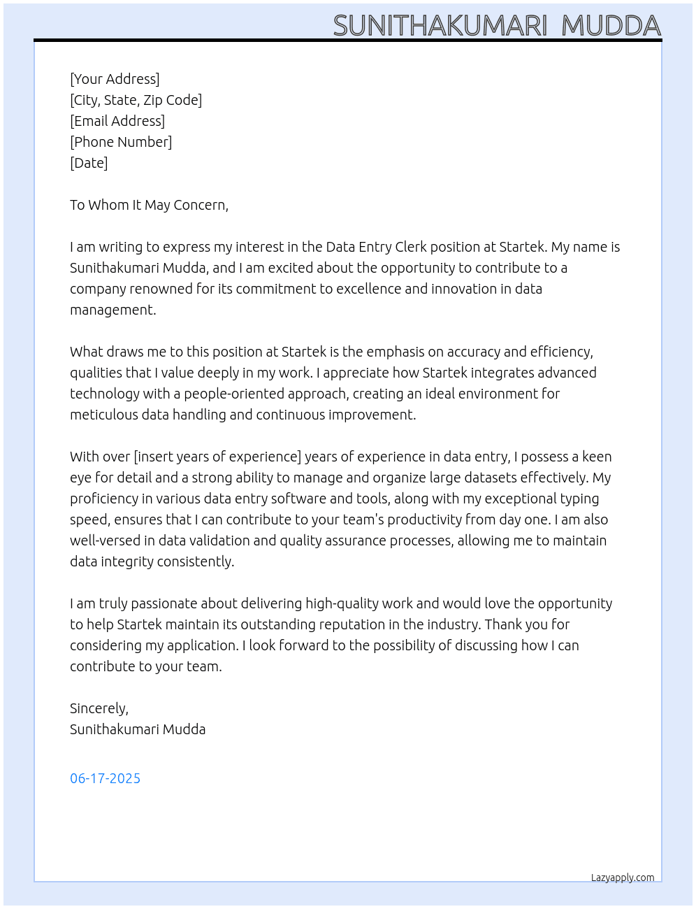 Dataentry Clerk At Startek Cover Letter