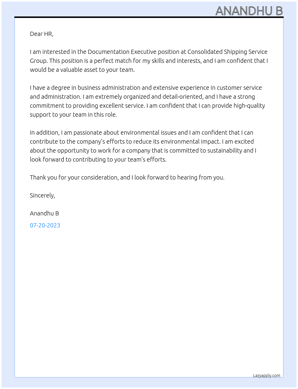 Documentation Executive  At Consolidated Shipping Service Group  Cover Letter