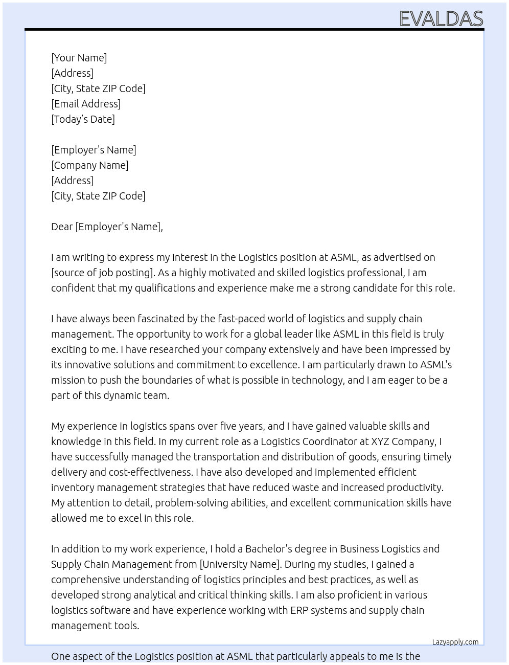 Logistics At ASML Cover Letter