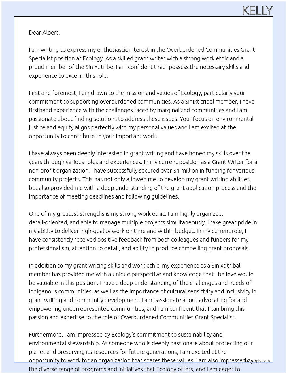 Overburdened Communities Grant Specialist At Ecology Cover Letter