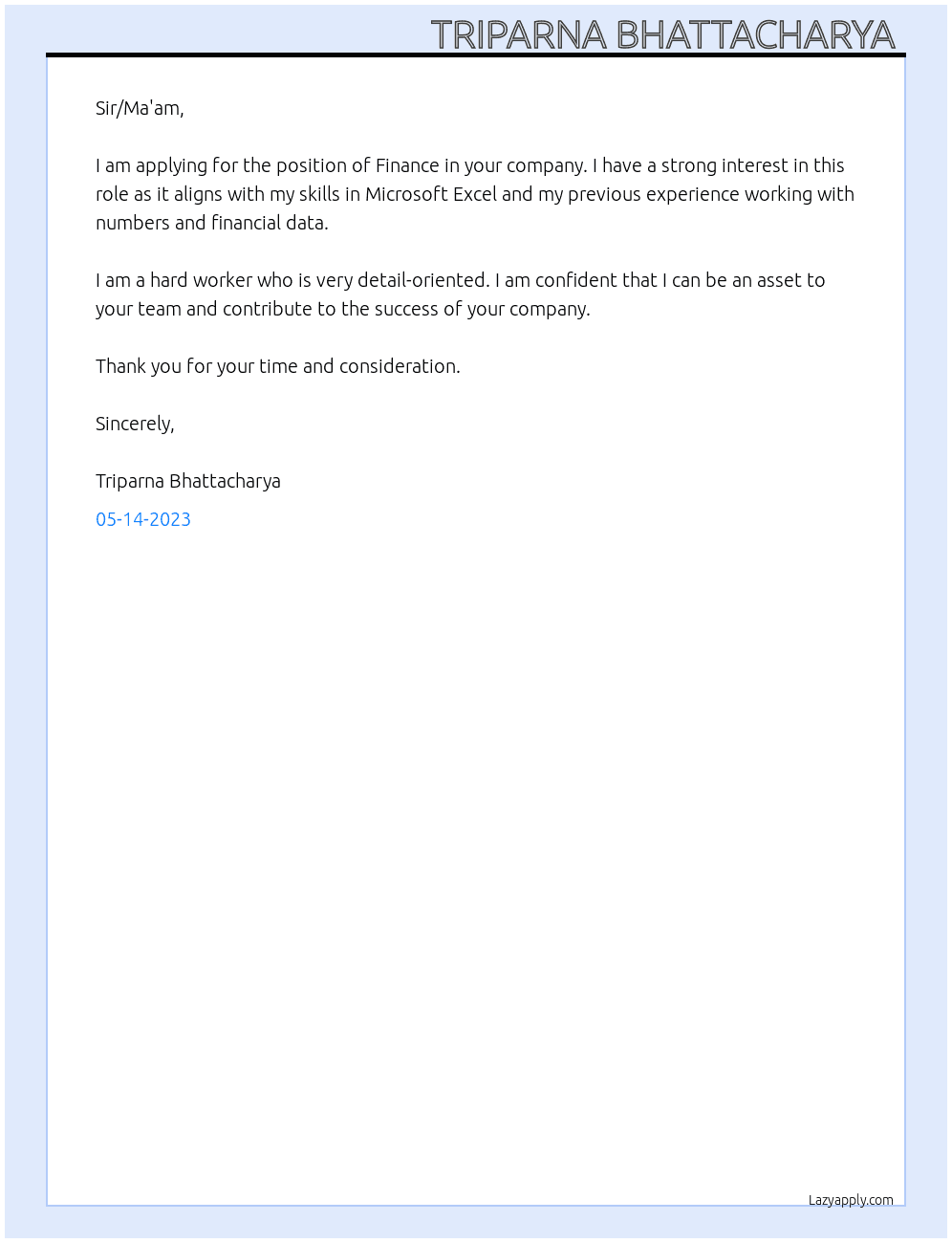 Finance  At General cover letter  Cover Letter