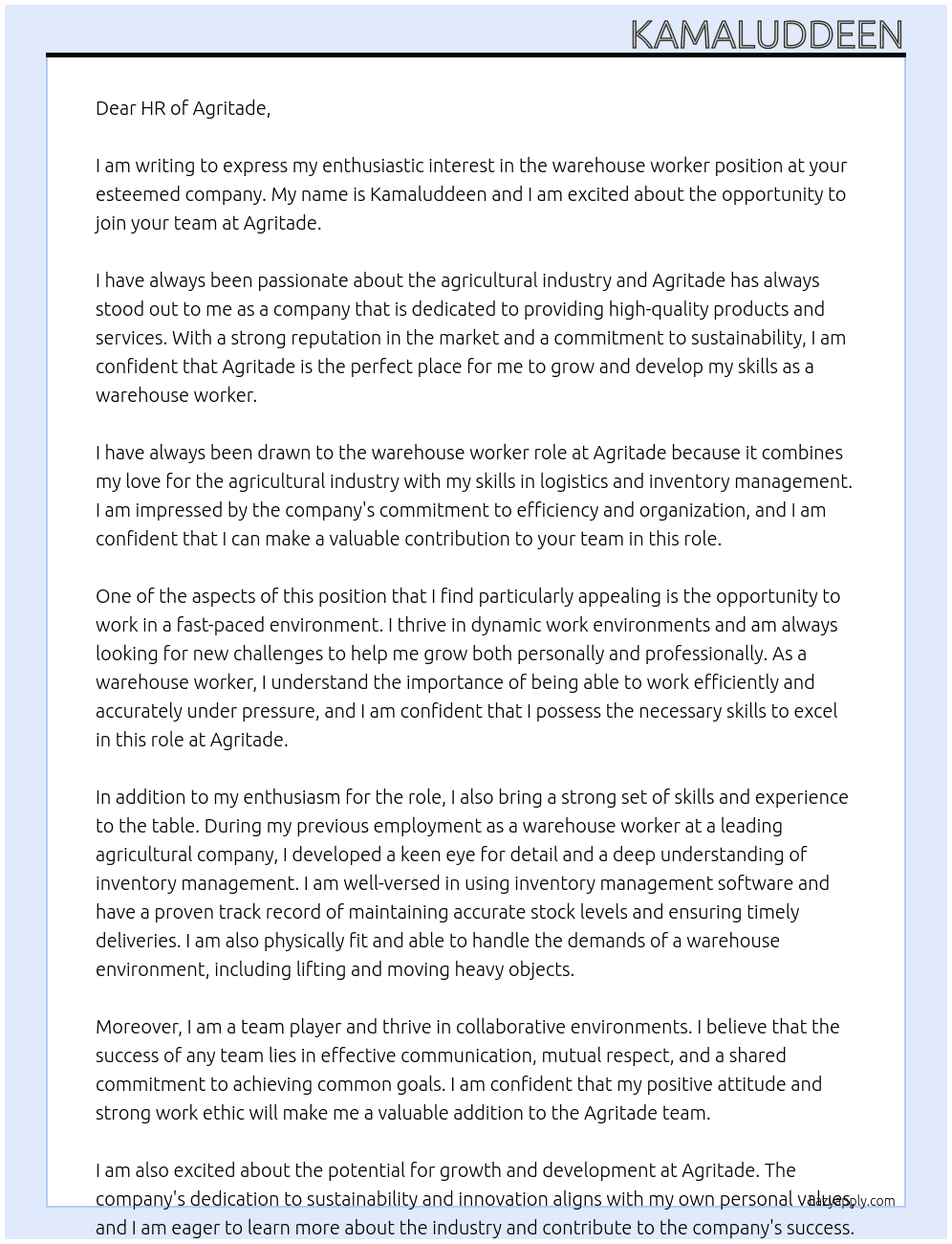 wearhouse worker  At agritade Cover Letter