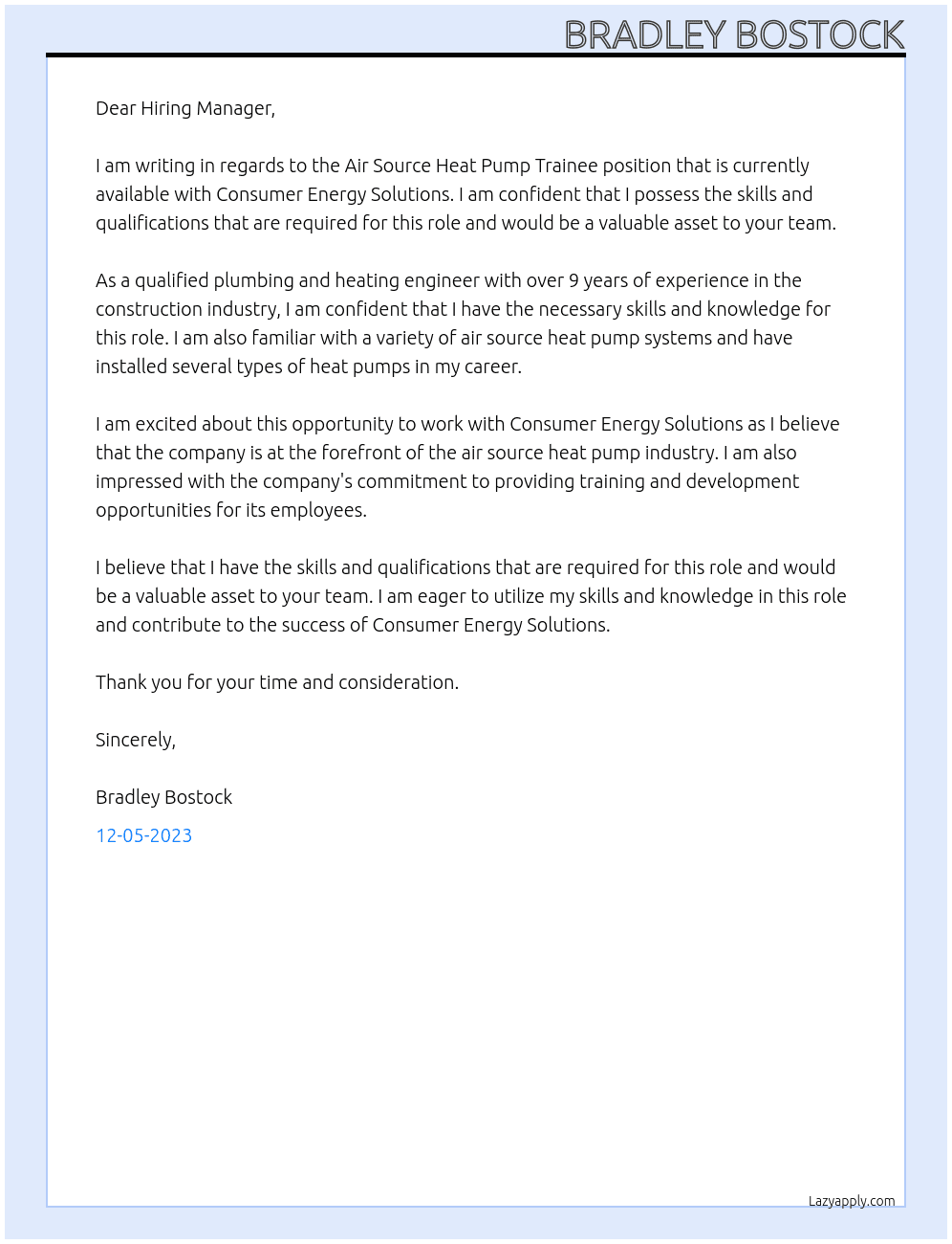 Air source heat pump trainee At Consumer energy solutions Cover Letter