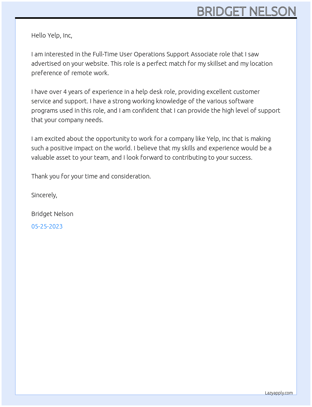 Full-Time User Operations Support Associate - Work from Home                                                                                                                                                                                                                                                                                                                         4  'pp At Yelp, Inc Cover Letter