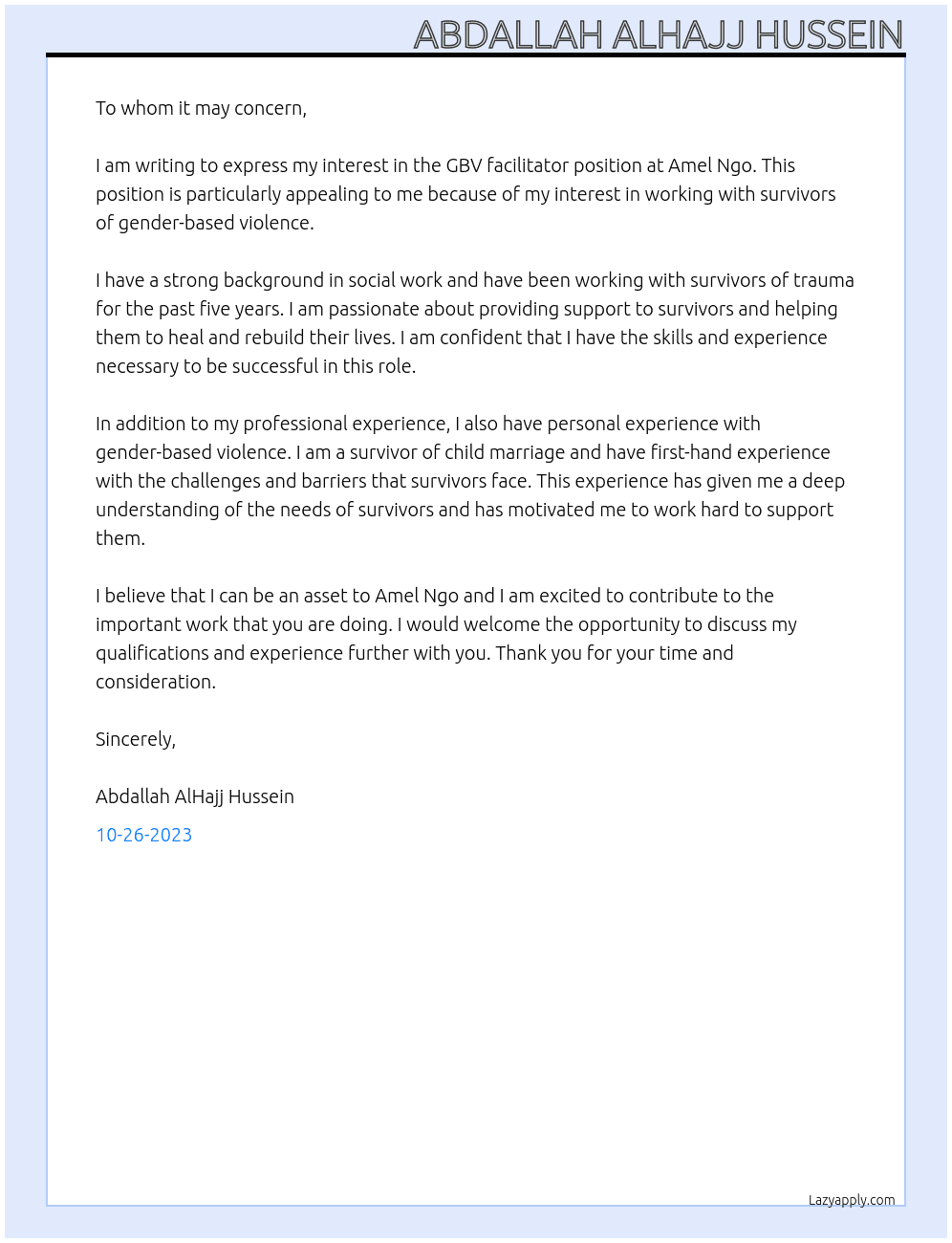 GBV facilitator  At Amel Ngo Cover Letter