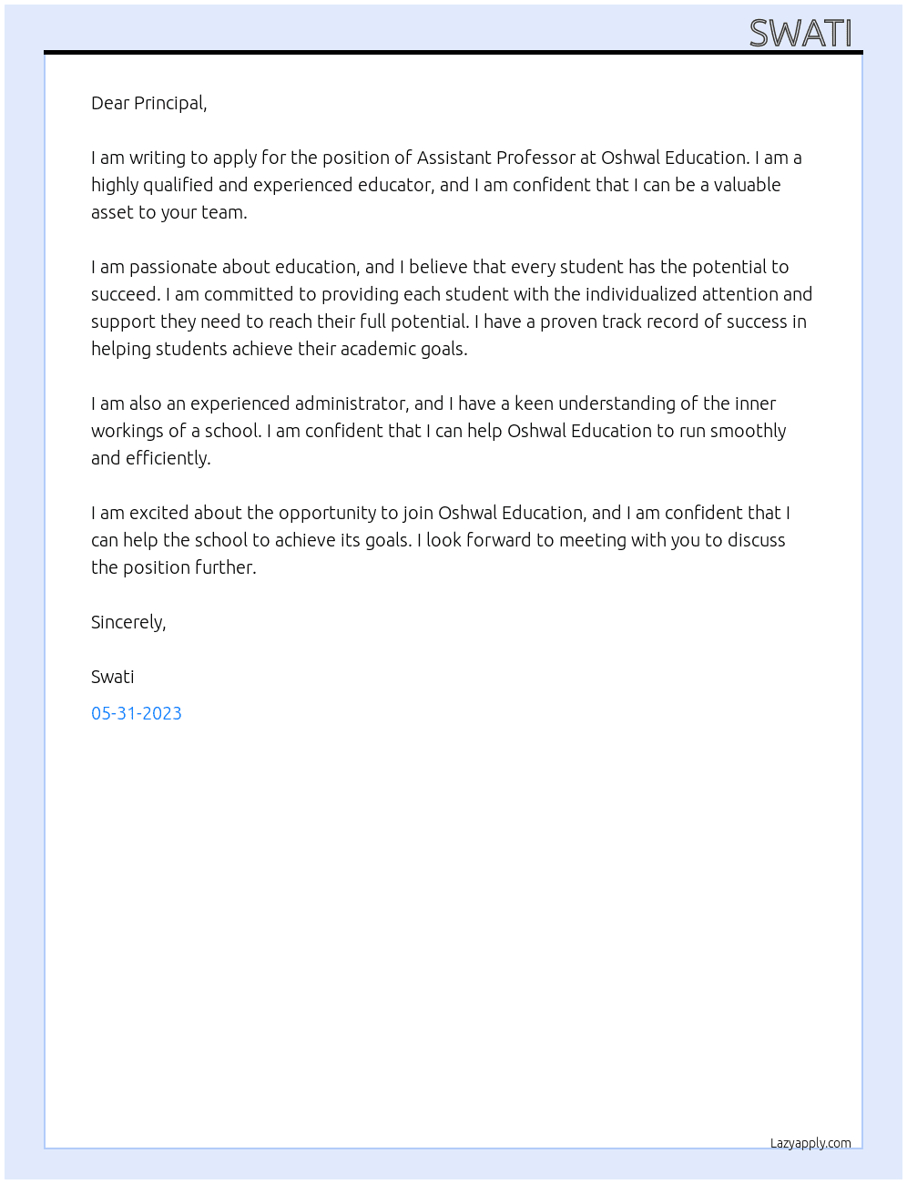 Assistant professor  At Oshwal education  Cover Letter