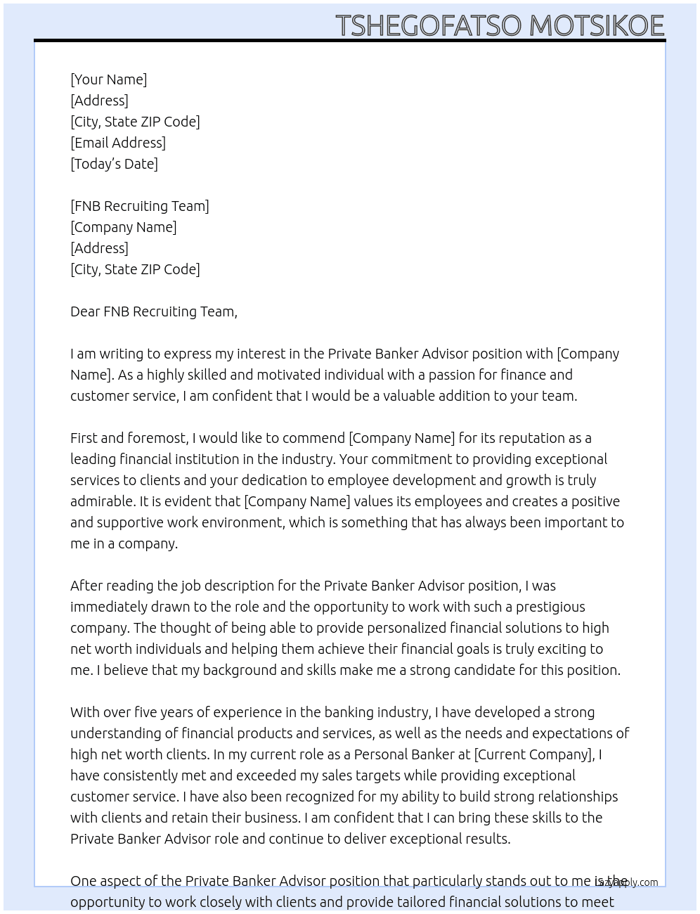 Private Banker Advisor  At 9405260222080 Cover Letter